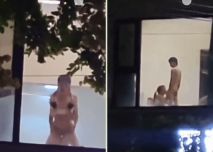 國賓暮雲酒店_落地窗後入雙馬尾_故意不拉窗簾尋求刺激，被樓下路人偷拍！