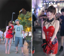 紅色皮裙騷貨網紅胸部都露出來一半真的太騷了穿著灰色內內 國風洛麗塔美女和閨蜜逛街灰色內前後CD