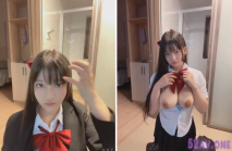 知名漫展巨乳Cos『小尤奈』自拍流出-清純學生妹制服在家騷氣用假屌自慰，奶大逼粉實屬尤物